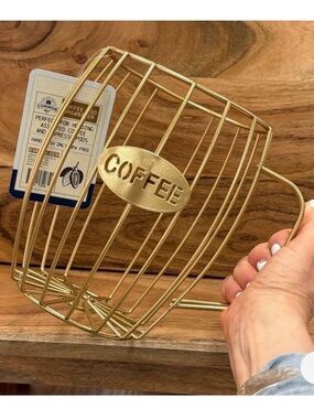 NWT EVRIHOLDER gold metal organizer shape of coffee cup for storing coffee pods
